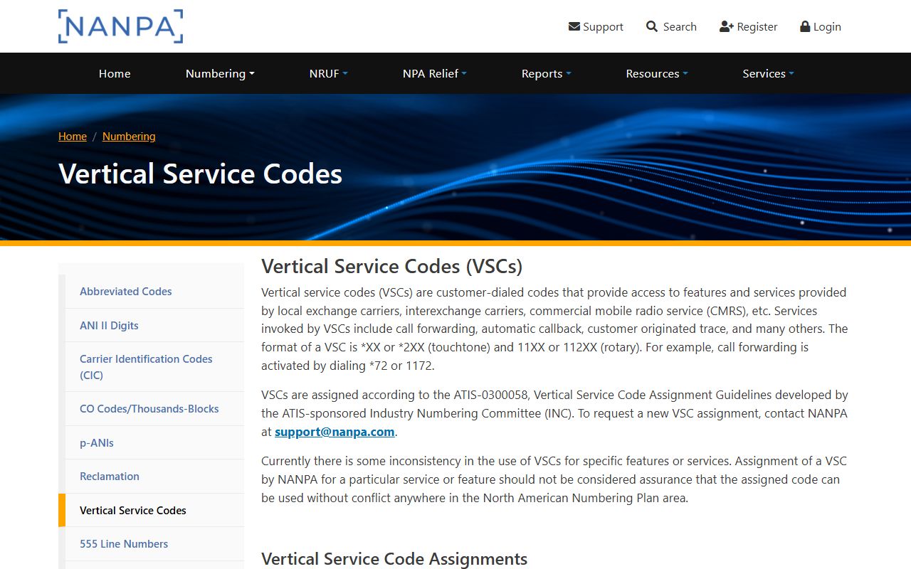 NANPA vertical service code reference for star dialing commands