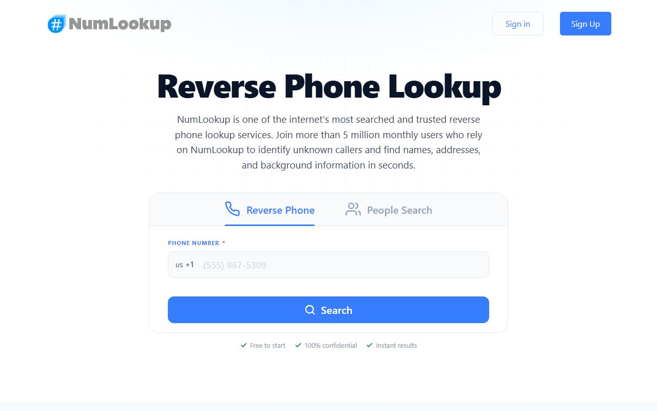 NumLookup third-party reverse phone lookup search page