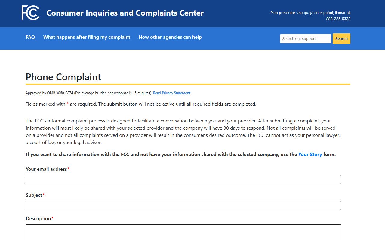 FCC phone complaint form for unwanted calls, spoofing, and phone service issues