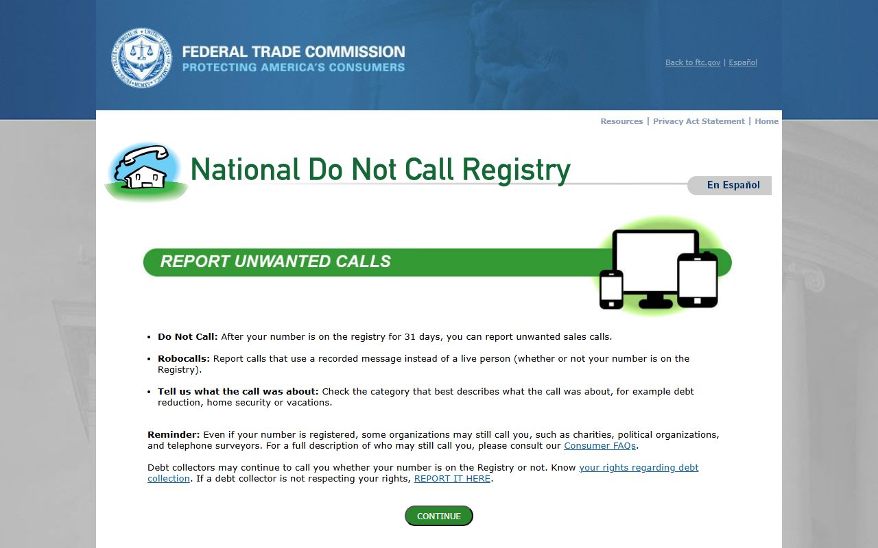 FTC unwanted call report form used for Carrboro robocall complaints