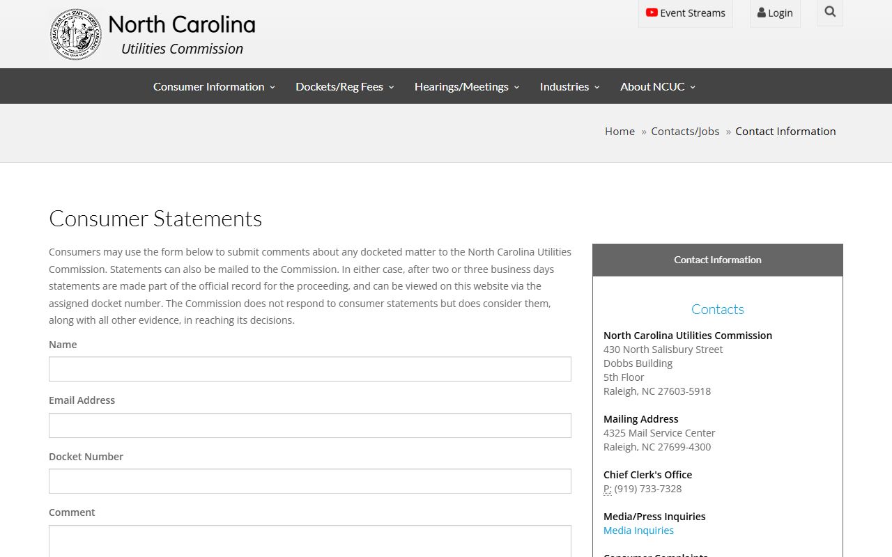 North Carolina Utilities Commission consumer contact page for utility and telecom complaints